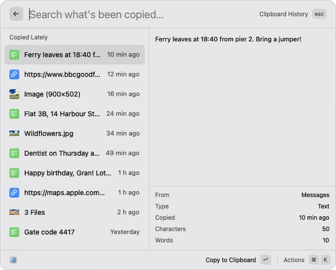 Clipboard history: text, links, an image and files, newest first, with a preview of the one picked