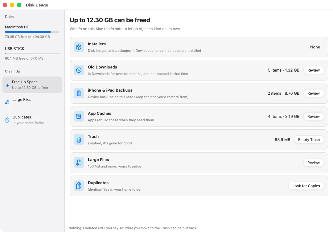 Free Up Space: installers, old downloads, iPhone backups, app caches and the Trash, each with what it holds