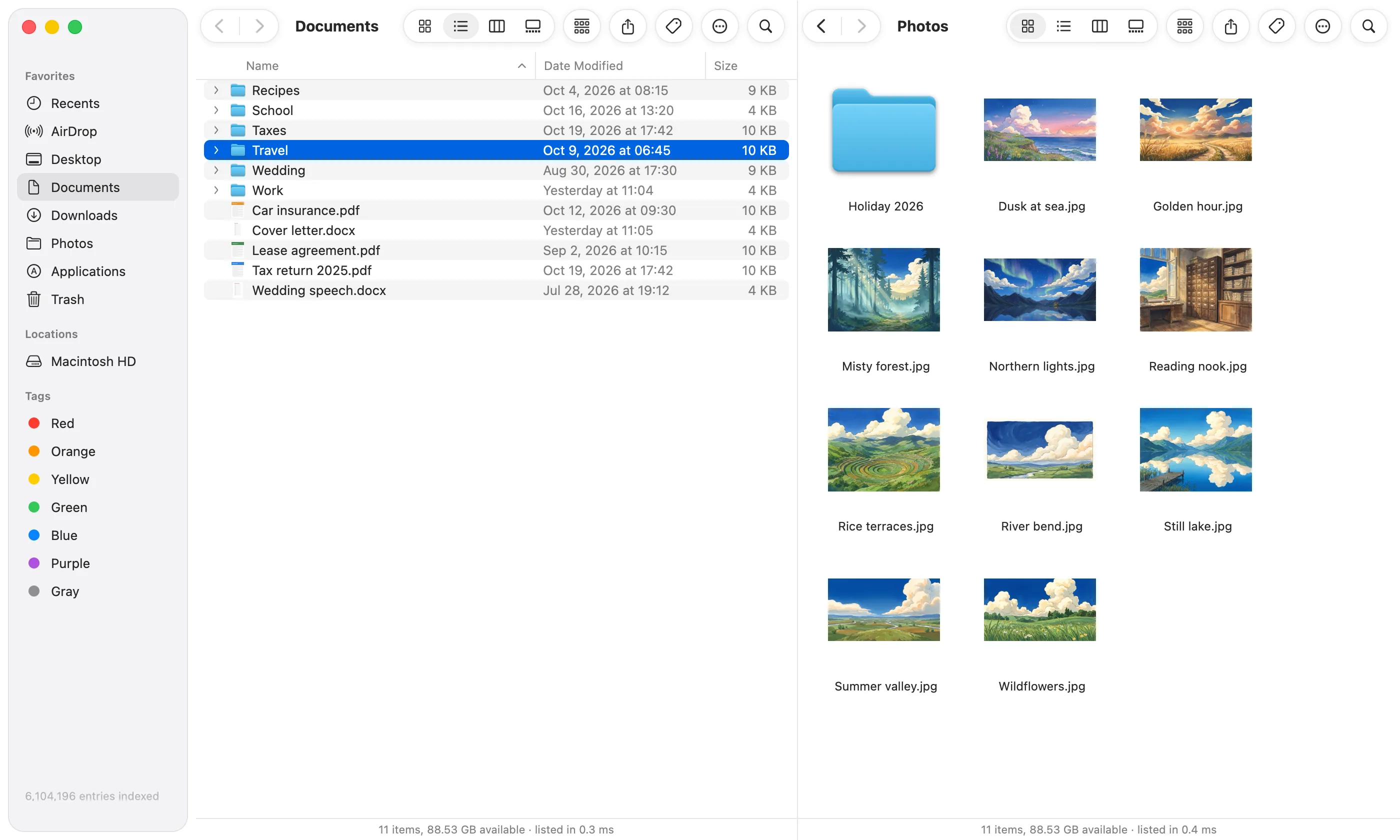 F2 with two folders side by side: Documents as a list, and a folder of photos as icons