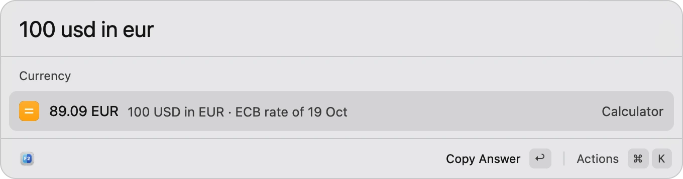 Quick Open converting 100 USD to 89.09 EUR at the ECB's rate
