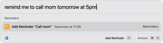 Quick Open adding a reminder to call mom tomorrow at 17:00