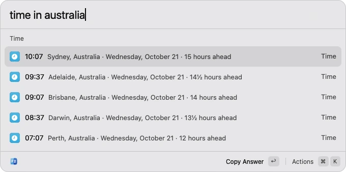 Quick Open showing the time in Sydney, Adelaide, Brisbane, Darwin and Perth