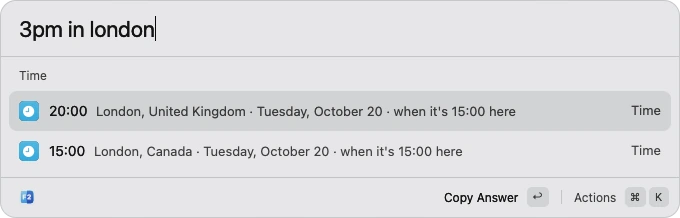 Quick Open: 3pm here is 20:00 in London, and 15:00 in London, Canada