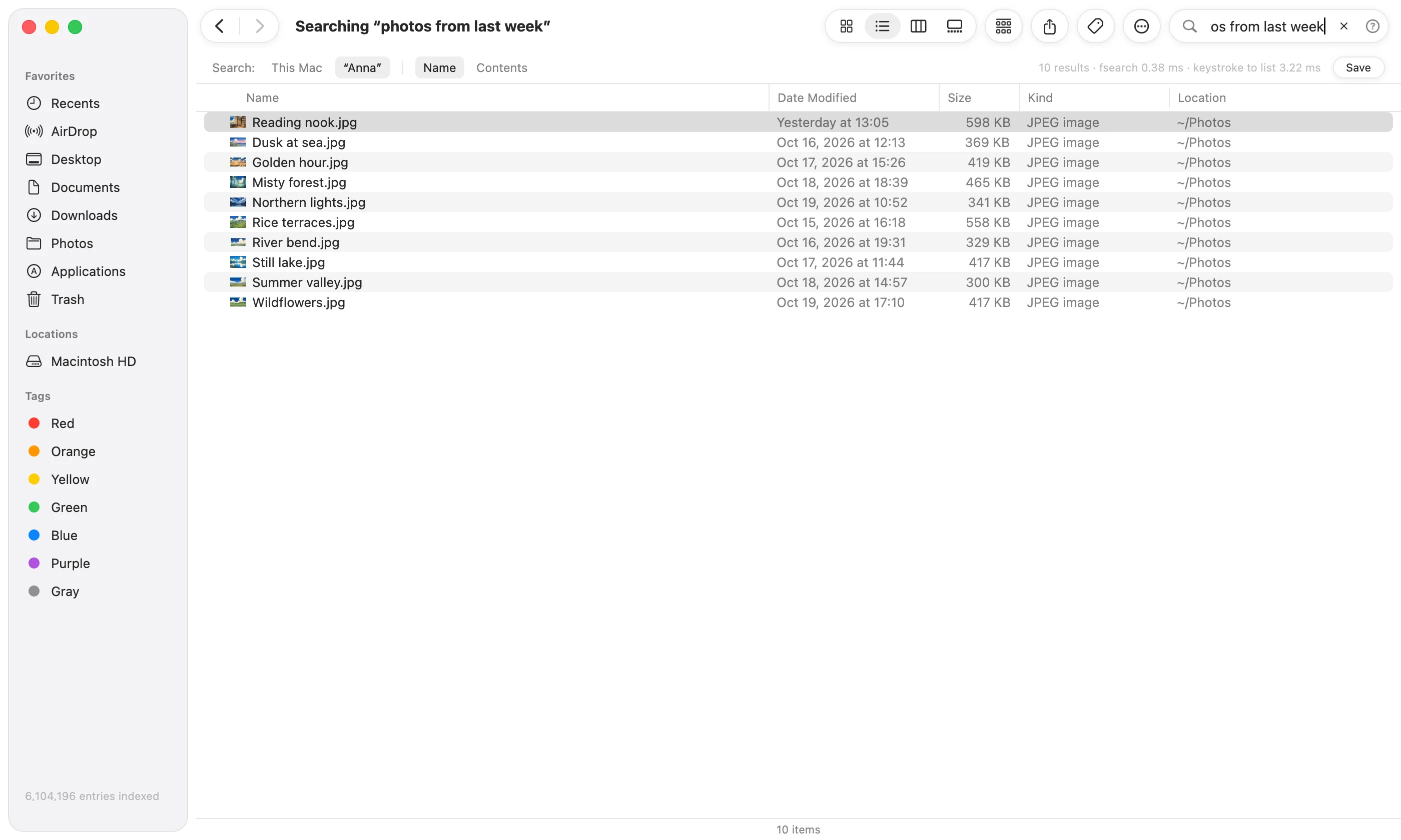 F2 searching for "photos from last week" and finding the photos changed in the last seven days