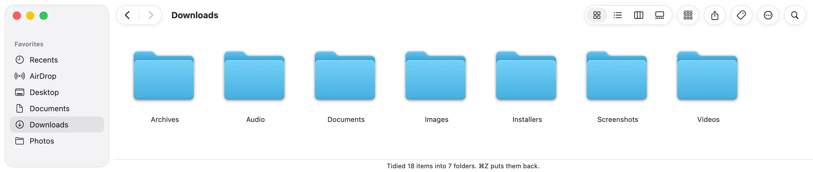 The same Downloads folder after Tidy Up: a folder for each kind of file